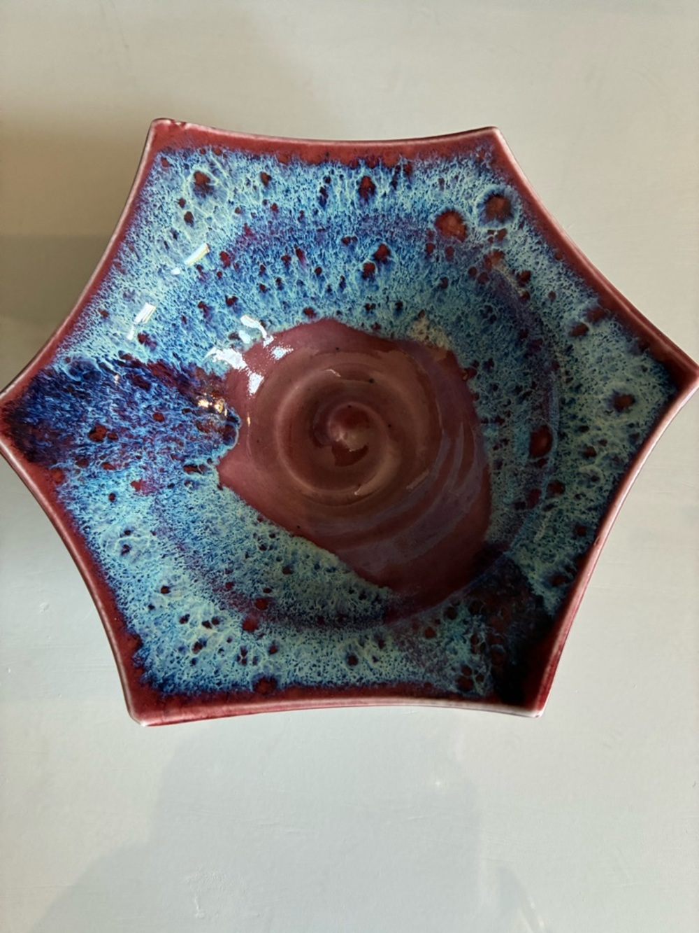 Vintage Glazed Ceramic Pottery Hexagonal Signed Phil Mayhew Bowl Trinket Dish